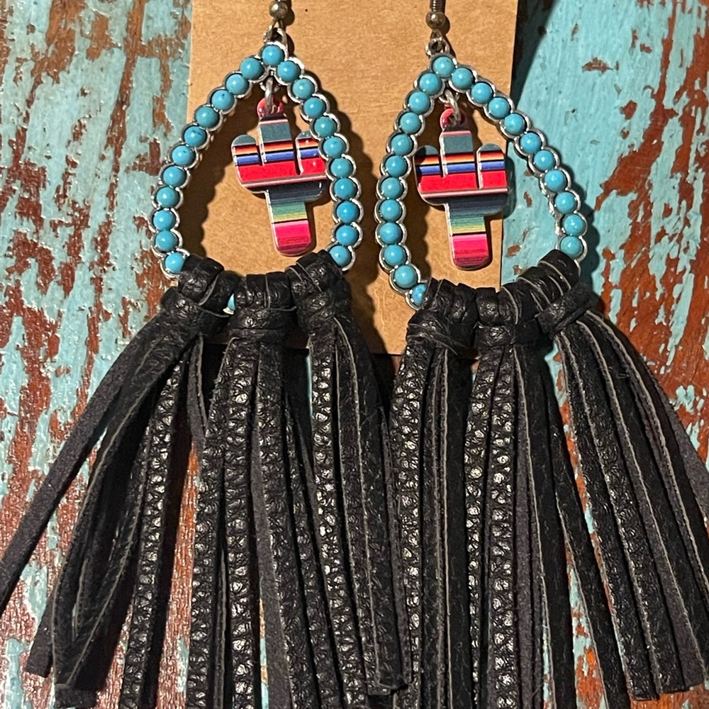 Western Turquoise Cactus Black Fringe‎ Tassel 4” Earrings NEW